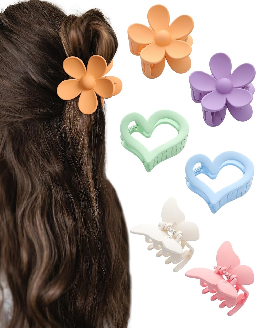 6 PCS Hair Clips - Matte Flower, Heart, Butterfly Hair Claw Clips